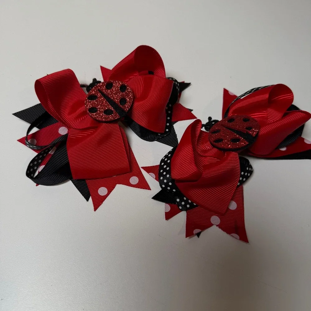 2pc Kids‎ Ladybug Hair Bows Red Black Polka Dot Glitter Accent Clips